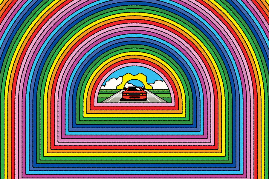 A mesmerizing retro-style illustration featuring nested, colorful arched frames that create a tunnel effect. In the very center, a red sports car drives down an open highway toward a bright yellow sun.