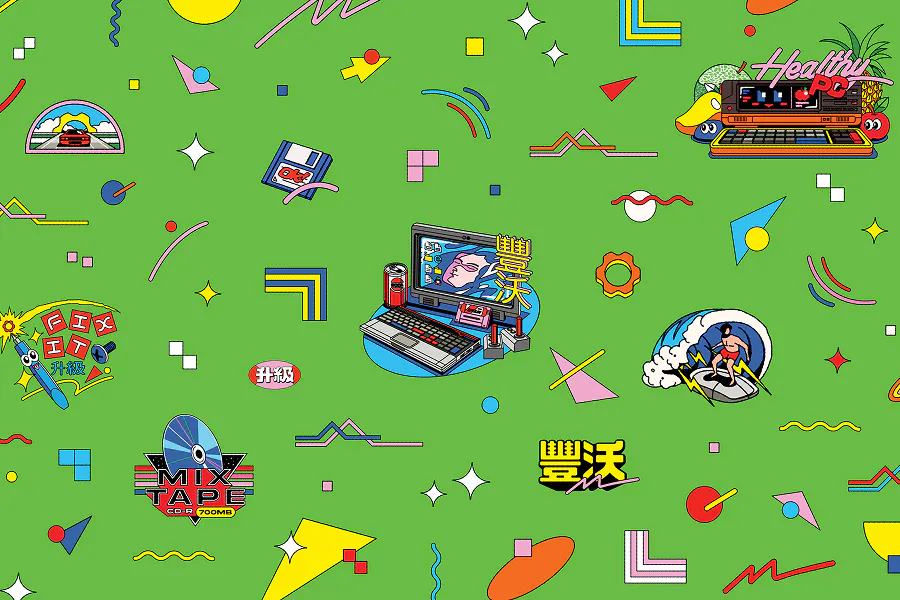 A vibrant green "sticker-bomb" style wallpaper. It's covered in various 90s-inspired tech illustrations, including a floppy disk, a "Mix Tape" CD, a retro laptop, a surfer on a computer mouse, and a "Healthy PC" workstation.