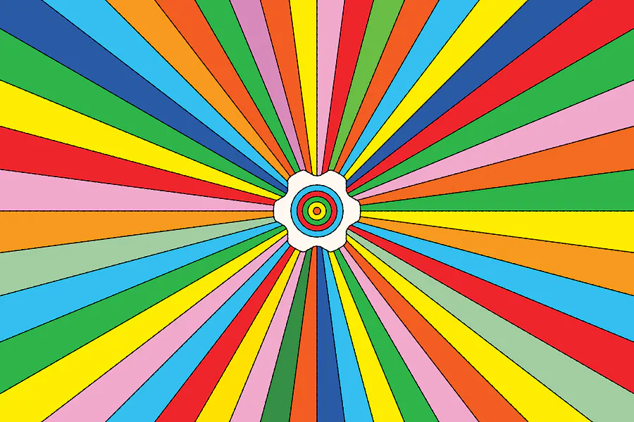 A colorful "sunburst" pattern with dozens of multi-colored rays radiating from the center. In the middle sits a white Framework gear logo containing a target-like concentric circle design.