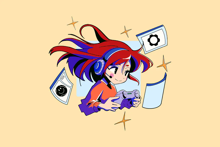 An anime-inspired illustration of a gamer girl with flowing red and blue hair wearing a headset. She is holding a game controller, and floating around her are digital windows, one featuring the Framework gear logo, on a pale yellow background.