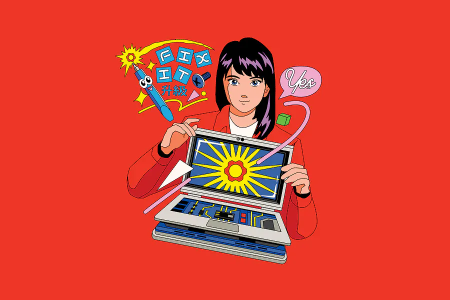 An anime-style illustration on a solid red background. A young woman with black hair holds a Framework Laptop, which is displaying a vibrant sunburst pattern. A "Fix It" logo and a speech bubble saying "Yes" float next to her.