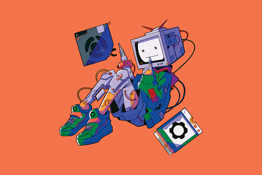 A detailed character illustration on an orange background. It features a "TV-head" robot character sitting down, wearing a blue hoodie and green sneakers with Framework gear logos. Floating around the character are a floppy disk and a motherboard component.