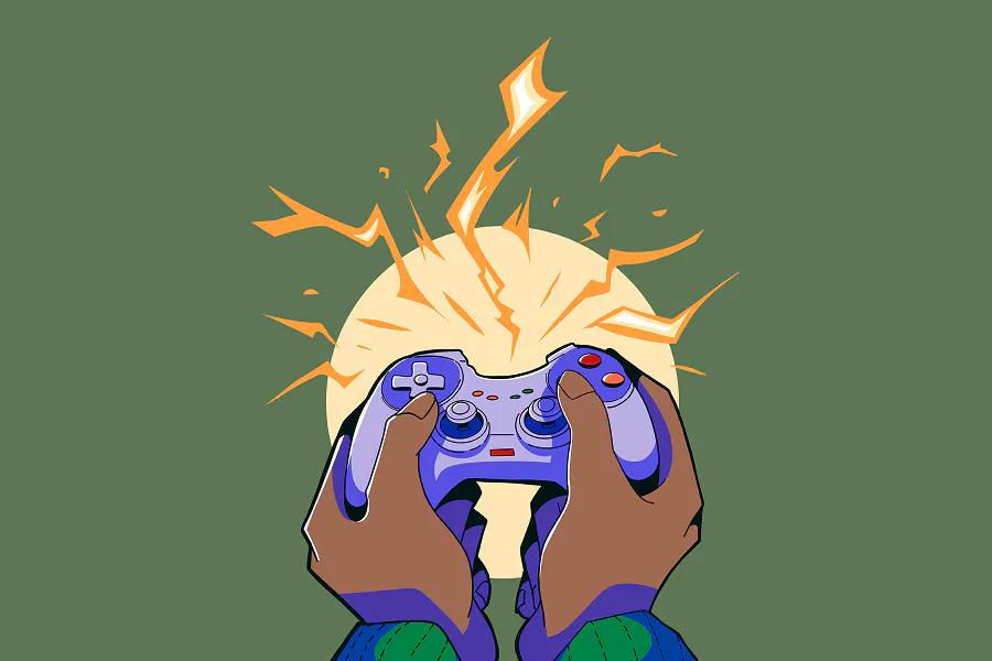 A dynamic  illustration of two hands holding a purple game controller against a sage green background. Orange lightning bolts crackle from a glowing circular light behind the controller, suggesting high-energy gameplay.
