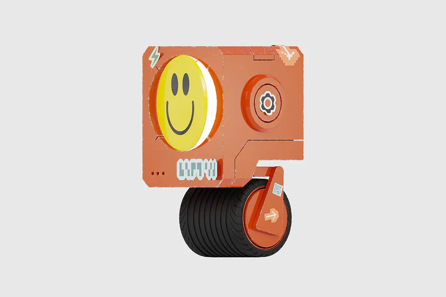 A 3D character render on a light grey background. The character is a modular orange robot head with a large yellow smiley face for a screen, resting on a single thick black tire for mobility.