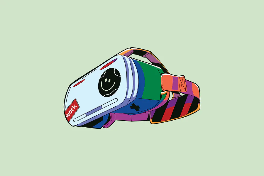 A stylized, 2D illustration of a VR headset on a light mint green background. The headset is decorated with a "work" sticker and a smiley face icon, featuring a vibrant color palette of orange, blue, and purple straps.