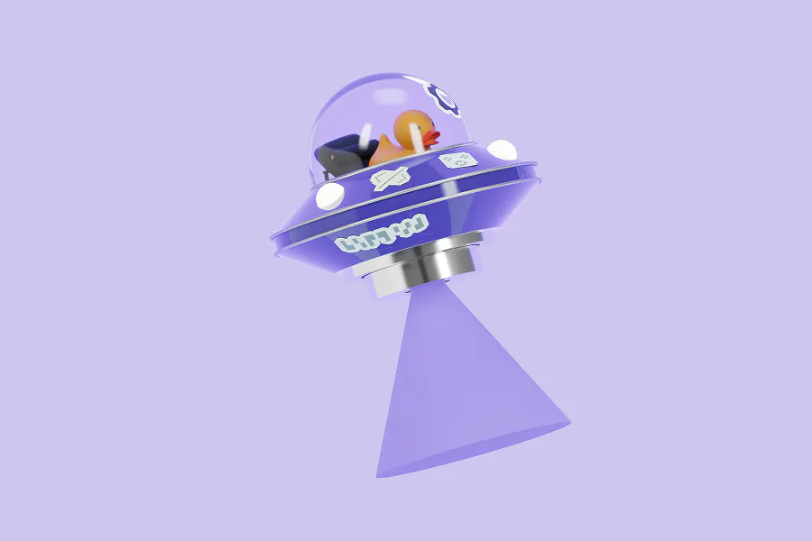 A playful 3D render of a purple UFO saucer on a light lavender background. A small rubber ducky is visible inside the glass cockpit, and a solid purple light beam shines downward from the ship's base.