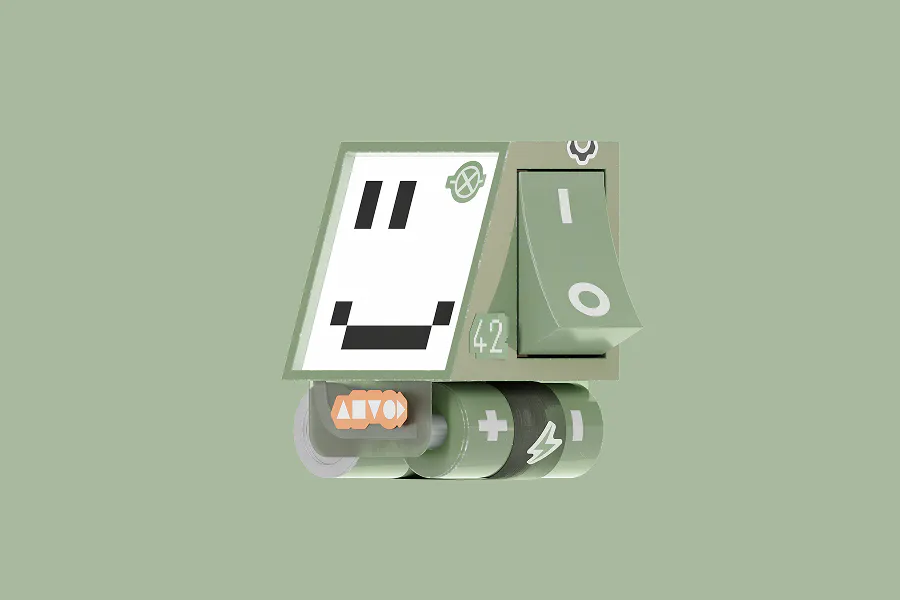 A 3D modular creature render on a sage green background. The head is a rectangular box with a pixelated smiley face and a large toggle switch on the side, all supported by a base made of two green AA batteries.