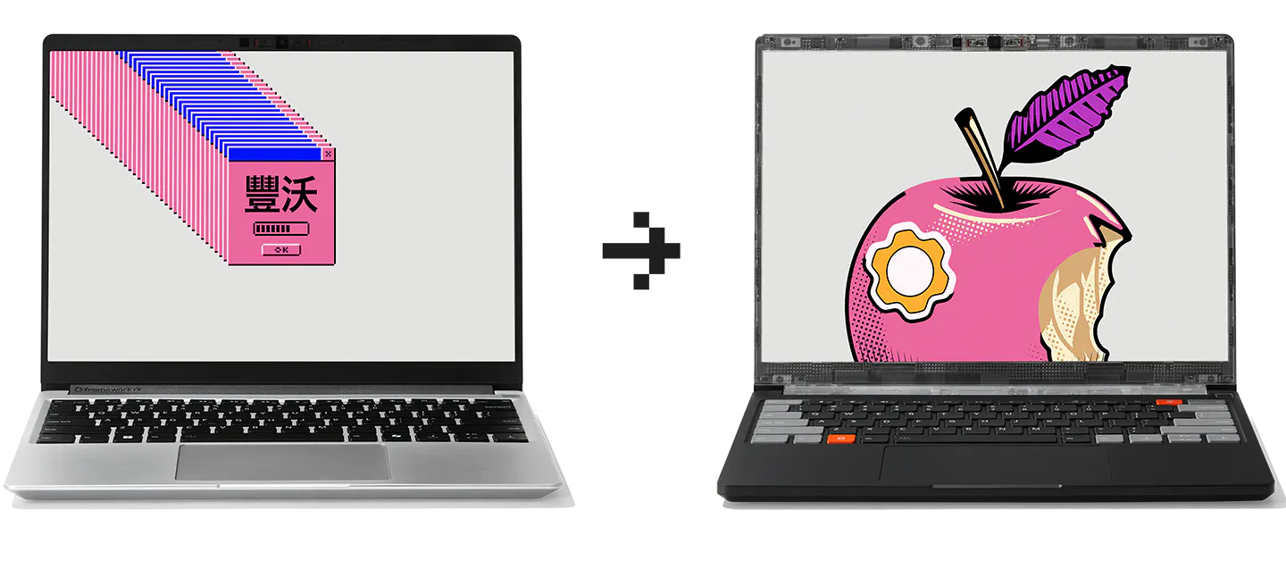 Two laptops are shown side-by-side against a white background, on the left is Framework laptop 13 and on the right is Framework Laptop 13 Pro, separated by a black pixelated arrow pointing right.