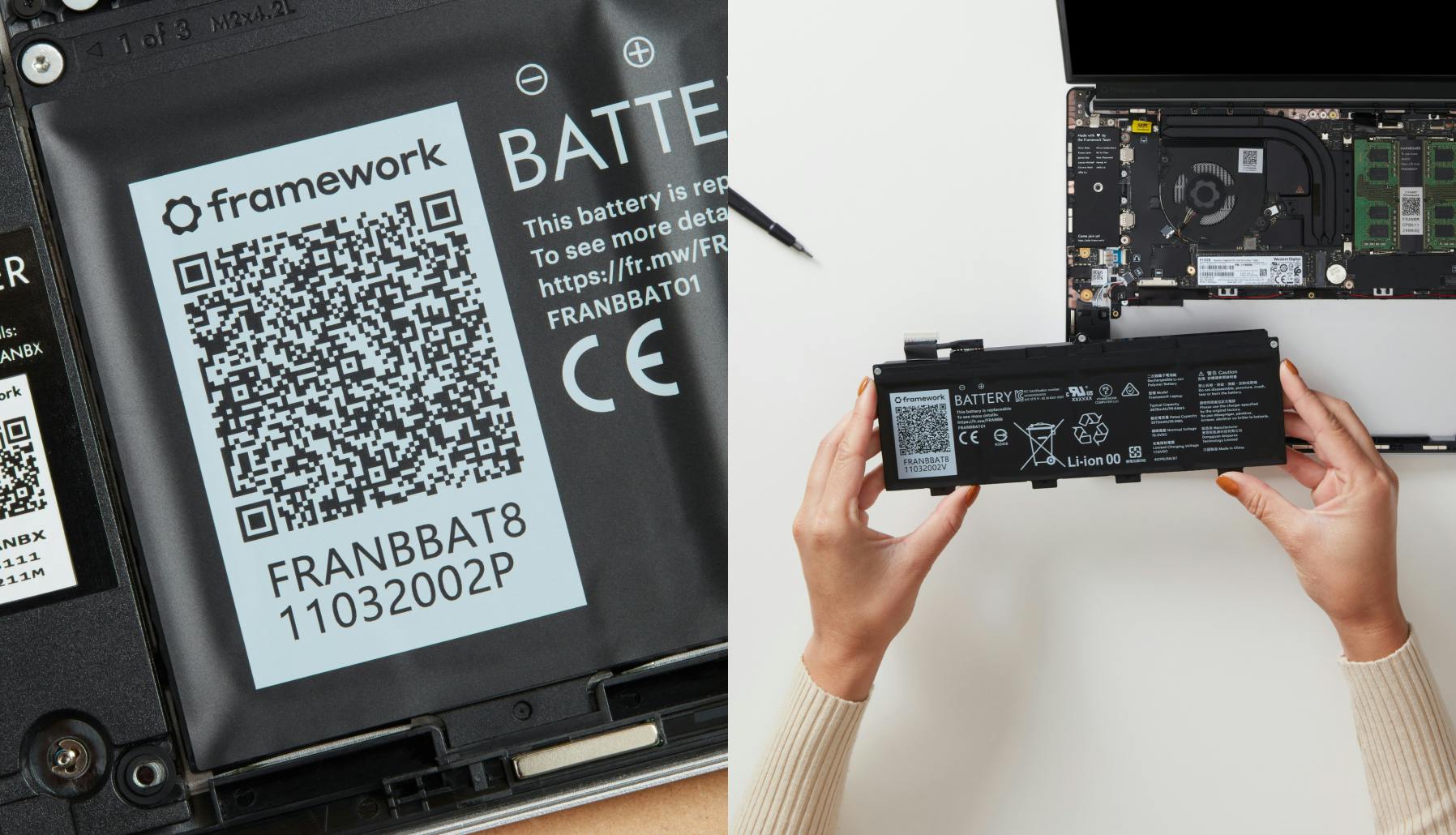 Split image. Left image shows a close-up of a QR code on the battery. Right image shows someone installing the battery into the Framework laptop.