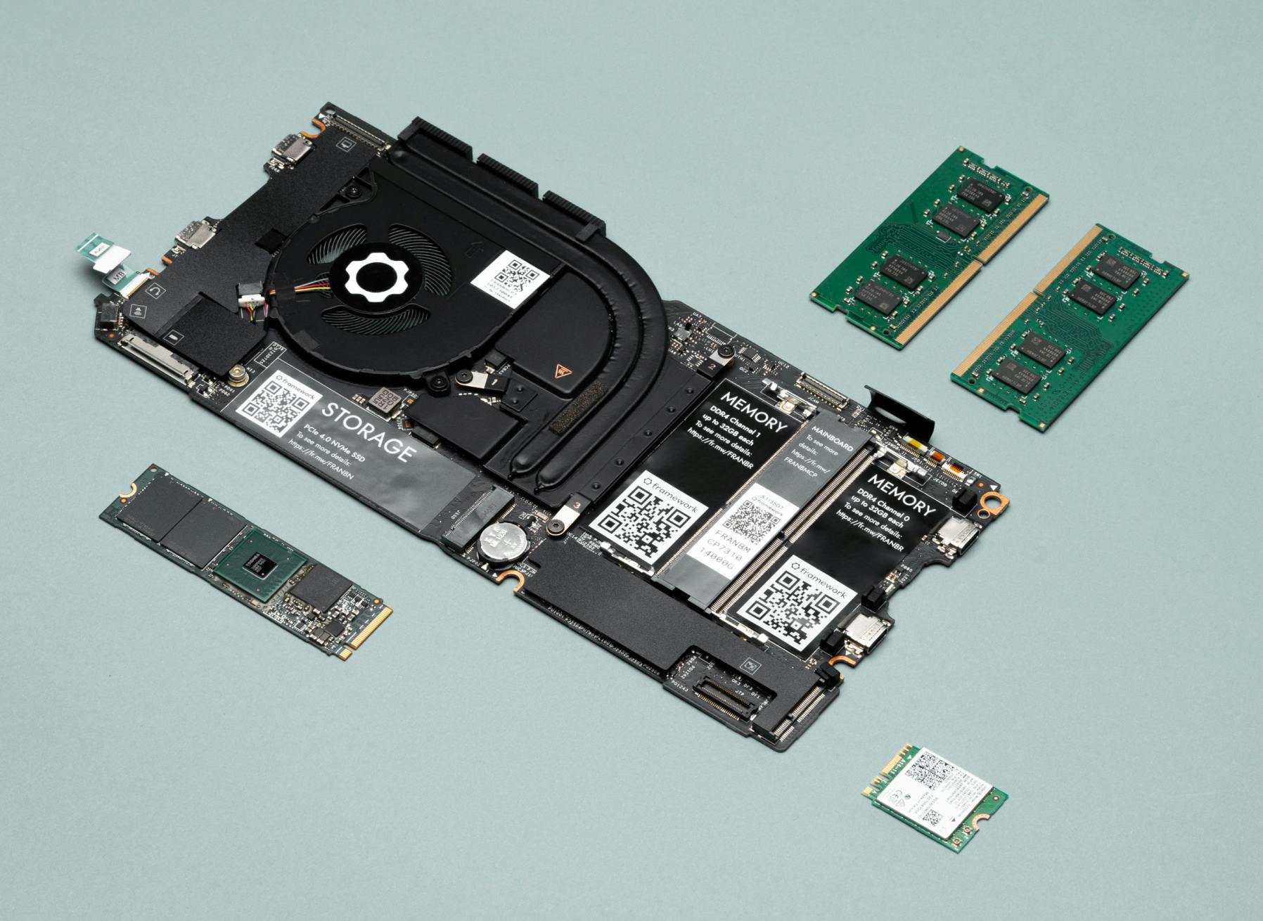 Framework Laptop modules including mainboard, SSD, RAM and WiFi