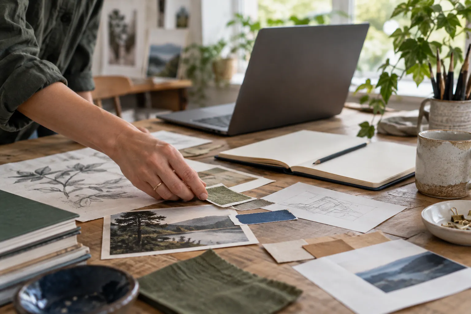 A creative workspace with sketches, color samples, notes, and a laptop