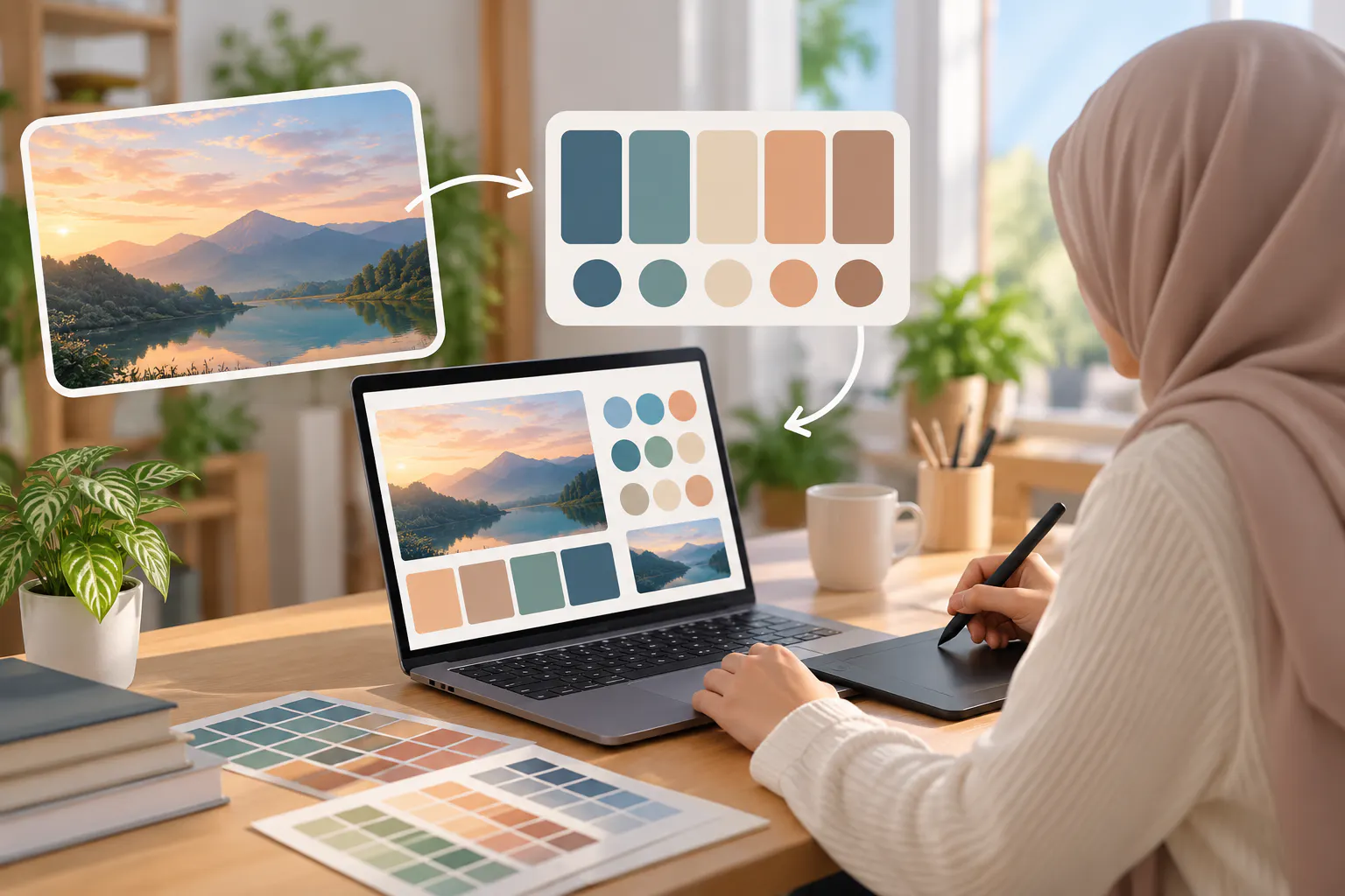 Creative professional using a laptop and tablet to organize visual assets and color palettes for an Adobe Stock workflow