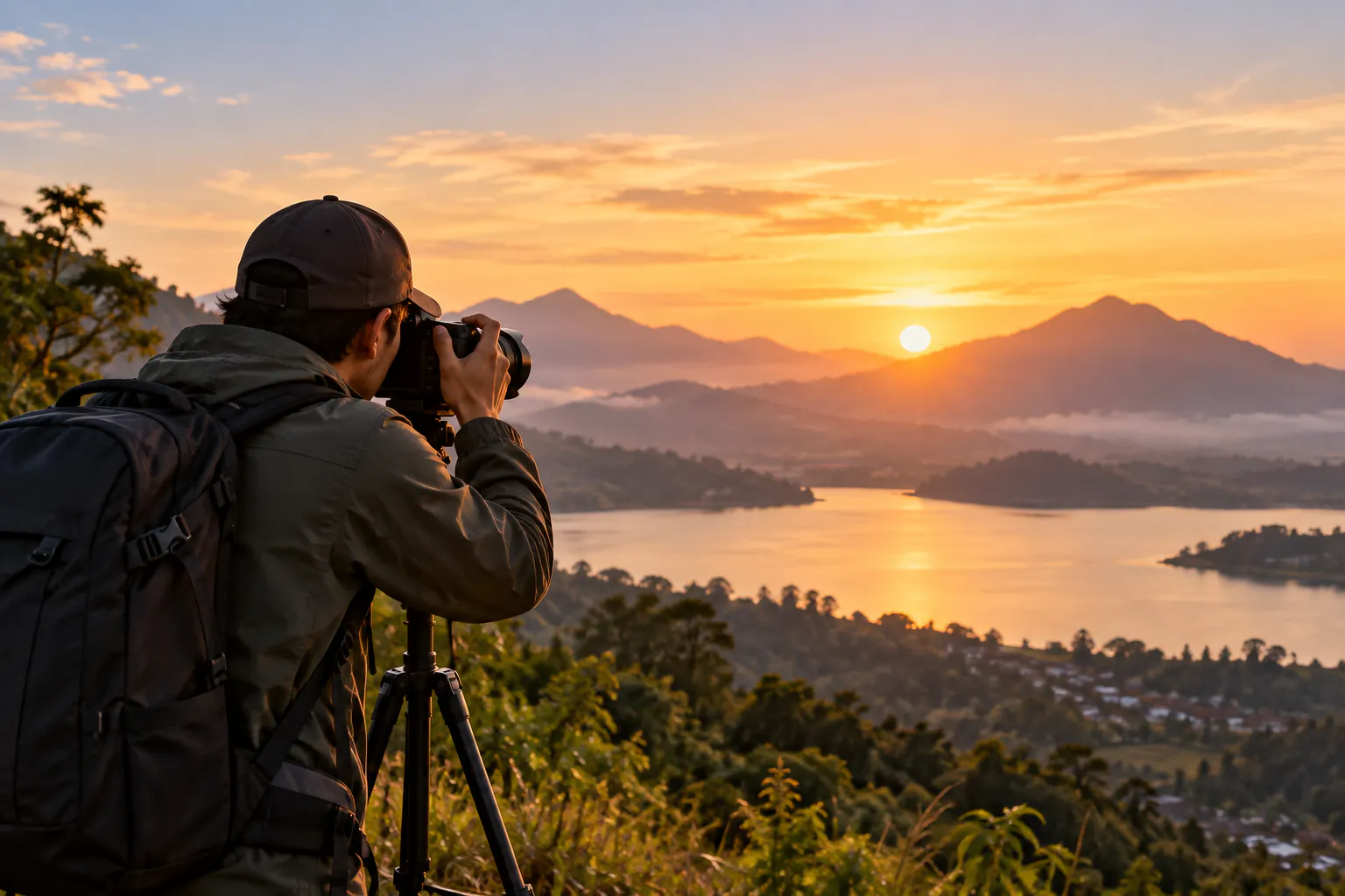 A photographer capturing a mountain lake landscape at golden hour