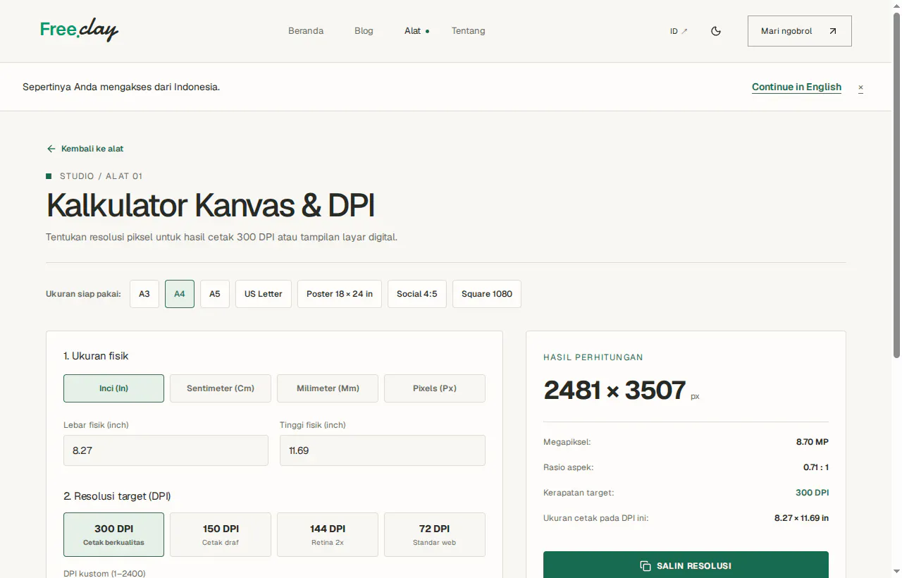 Tampilan utama kalkulator kanvas dan DPI Freeclay dengan preset A4 dan 300 DPI aktif