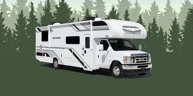 Eddie Bauer Class C with green tree background
