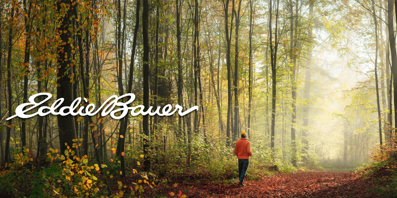 Eddie Bauer Script Logo Hero Image Man Walking in the Woods