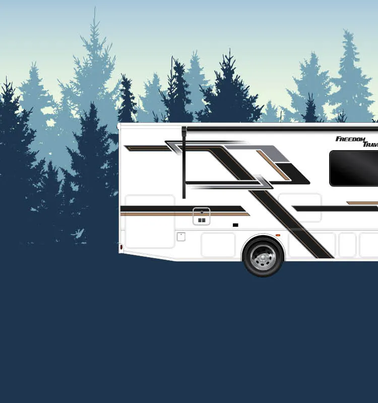 Freedom Traveler Brand Page Hero Banner with Blue Trees abstract background and side profile rendering of the motorhome