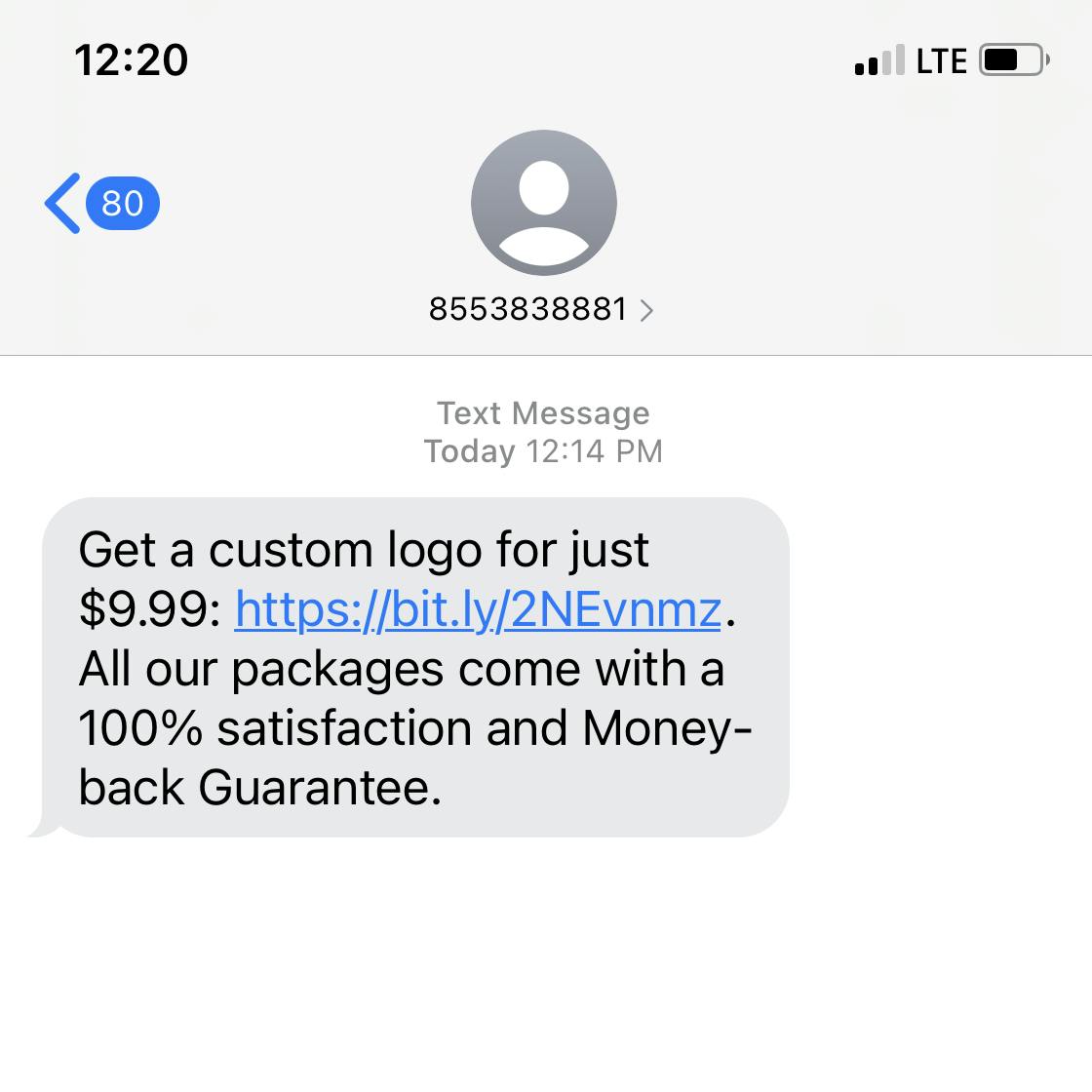 A text message spam offering a logo for ridiculously low price