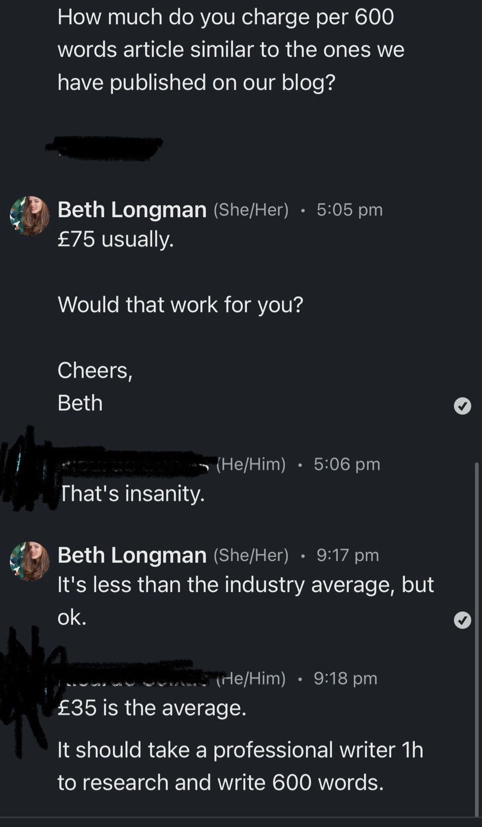 Screenshot of a conversation between Beth Longman and a "cheap" freelance client