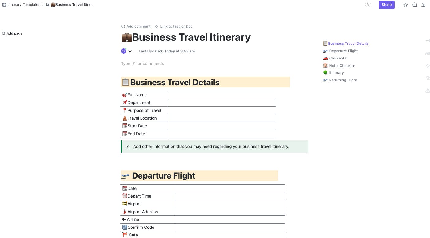 Business Travel Itinerary Template