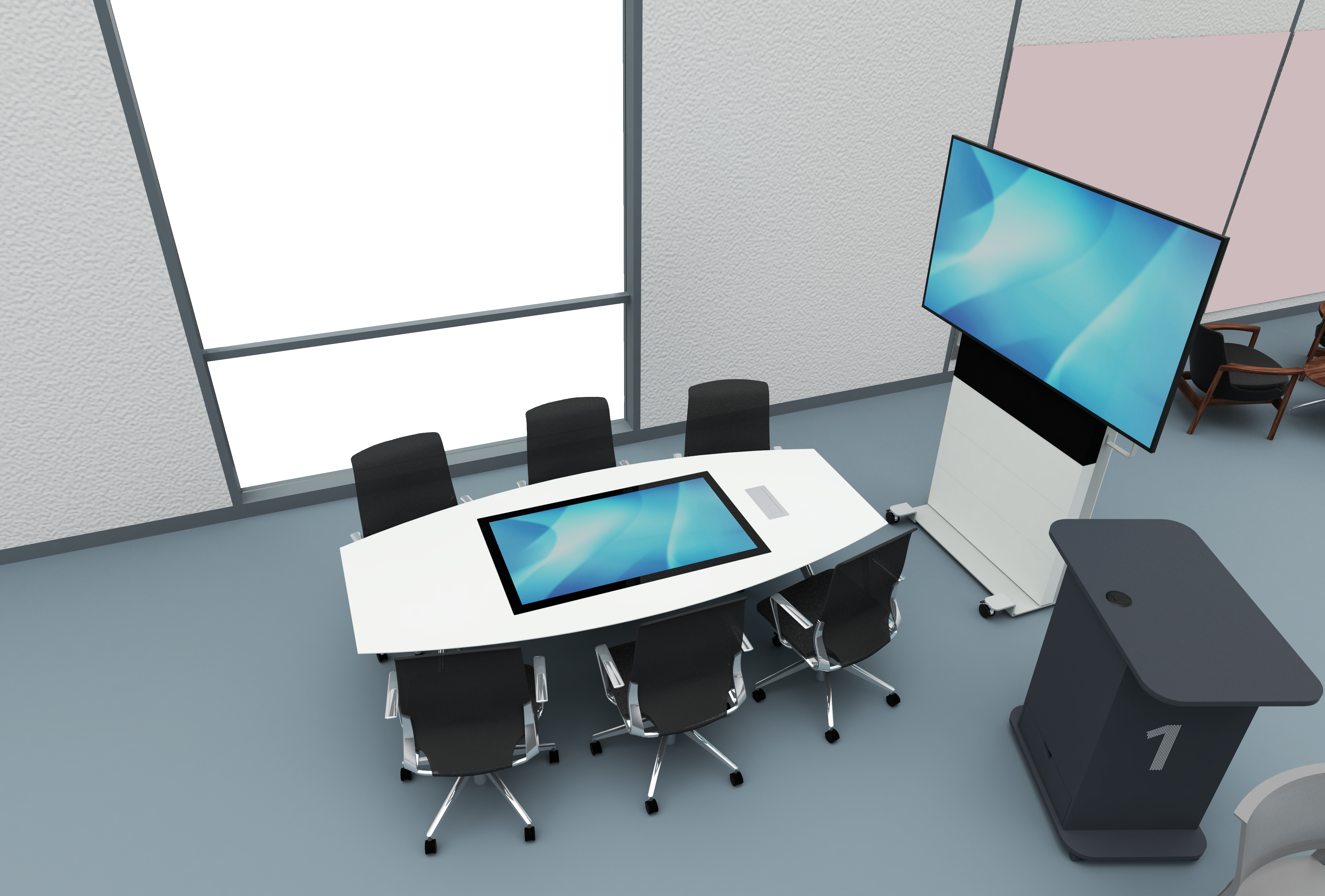 Produkte- Rendering- MICO-2- Fahrwerke- primo Konferenzstuhl- docking table- Konferenztisch mit screen- fallon base