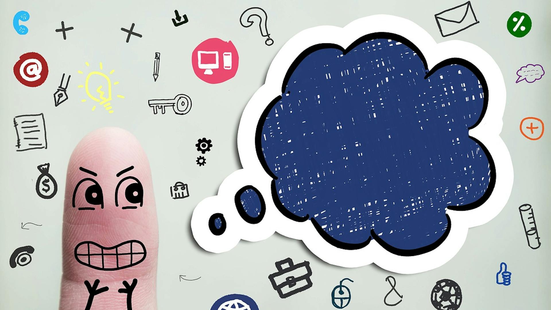 Bild Finger mit Gesicht- Gedankenblase-Leitbild