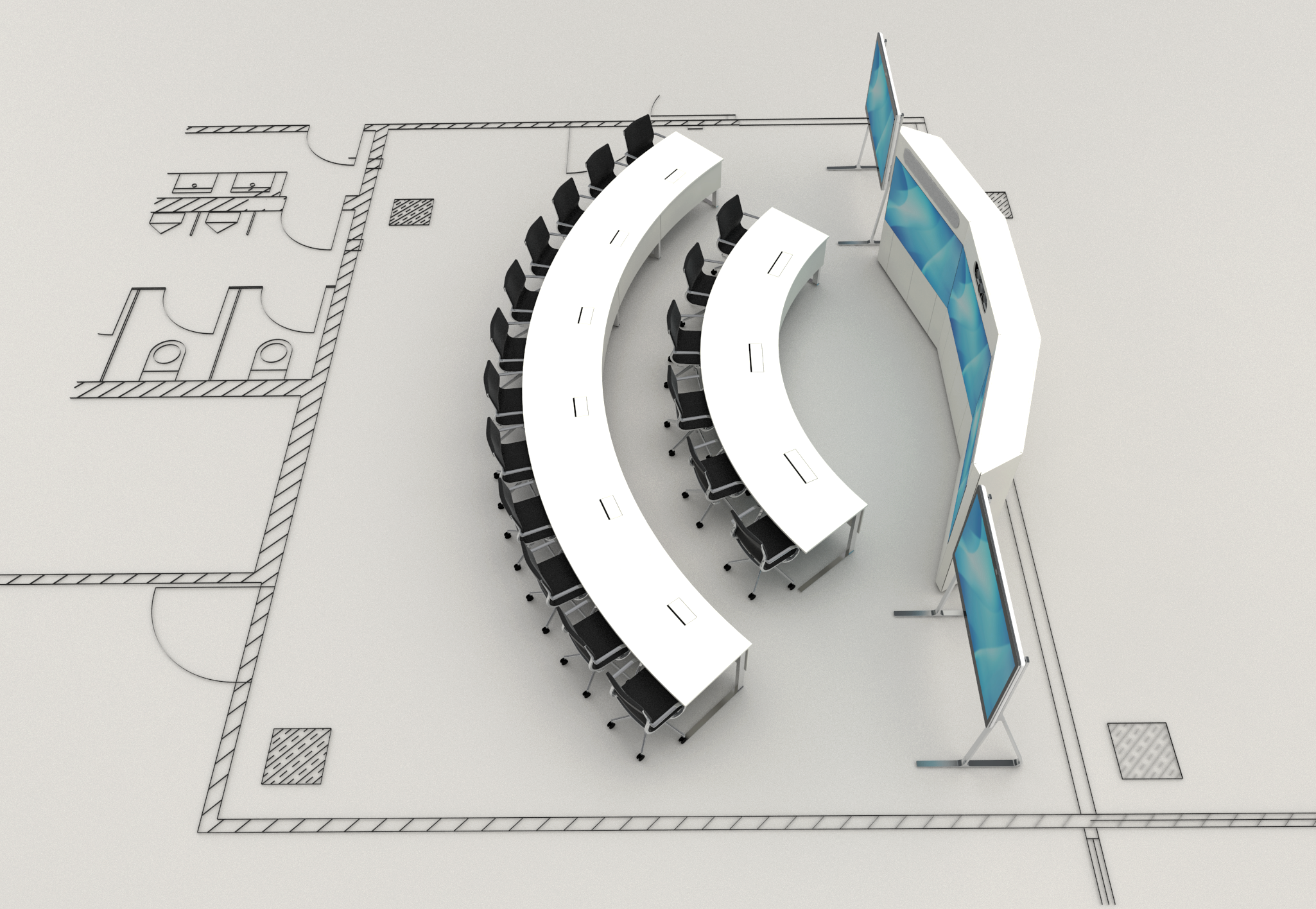 Max-Planck-Institute, DE I MPS I LED Wand I Tischanlage c base I Konferenzdrehstuhl alino I Videokonferenz I Tischanschlussfelder