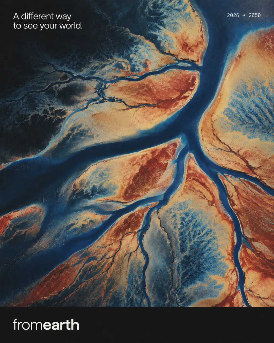 An imagined river delta in mineral and thermal colours