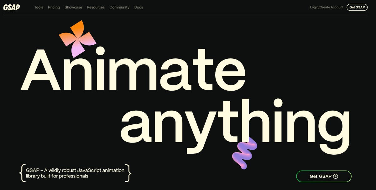 The new GSAP homepage which reads "Animate anything"