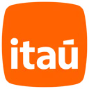 Logo do Itaú. Quadrado laranja com bordas arredondadas, com o nome do Itaú na parte de baixo