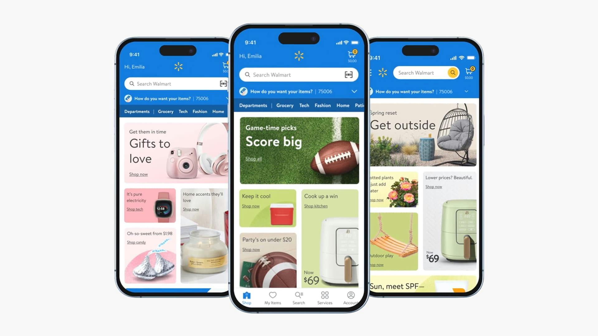 Three phones showing the Walmart app