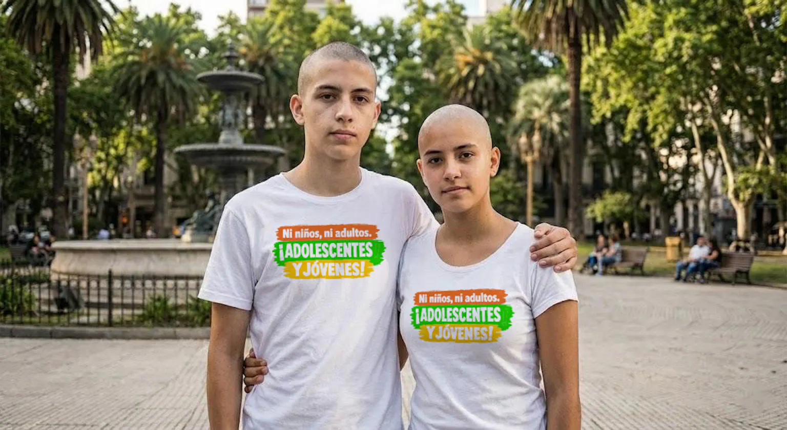Dos jóvenes con cáncer usando remeras de la campaña Adolescentes y Jóvenes