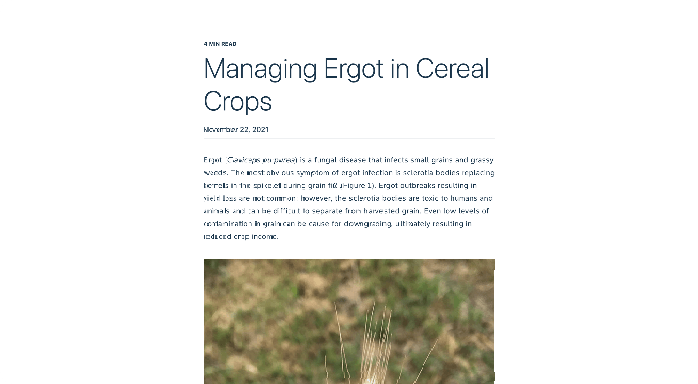 Tablet displaying an article titled 'Managing Ergot in Cereal Crops'