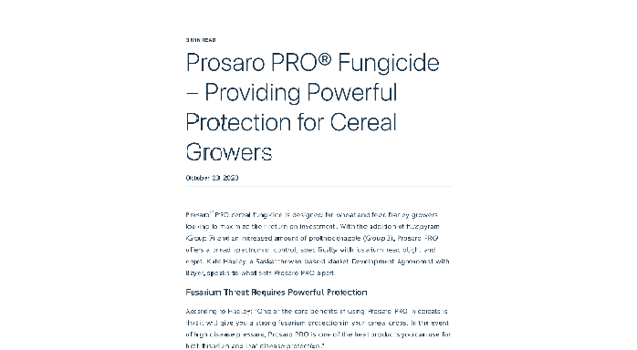 Tablet displaying an article titled 'Prosaro PRO Fungicide - Providing Powerful Protection for Cereal Growers'