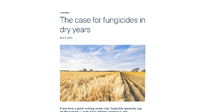 Tablet displaying an article titled 'The case for fungicides in dry years' 