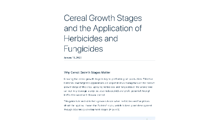 Tablet displaying an article titled 'Cereal Growth Stages and the Application of Herbicides and Fungicides'