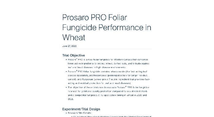 Tablet displaying an article titled 'Prosaro PRO Foliar Fungicide Performance in Wheat' 
