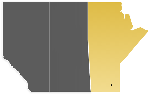 A simple map illustrating the geographical locations of Alberta, Saskatchewan (both in grey), and Manitoba (highlighted in yellow). A small dot marks the location of Carman, Manitoba.