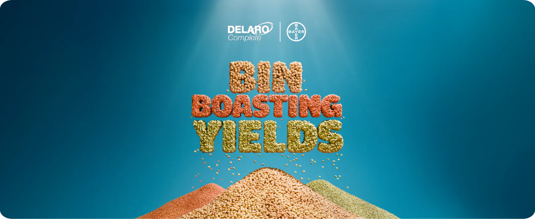 Image of pea and lentil seeds forming the words "Bin Worthy Yields" above a pile of seeds, set against a blue background.