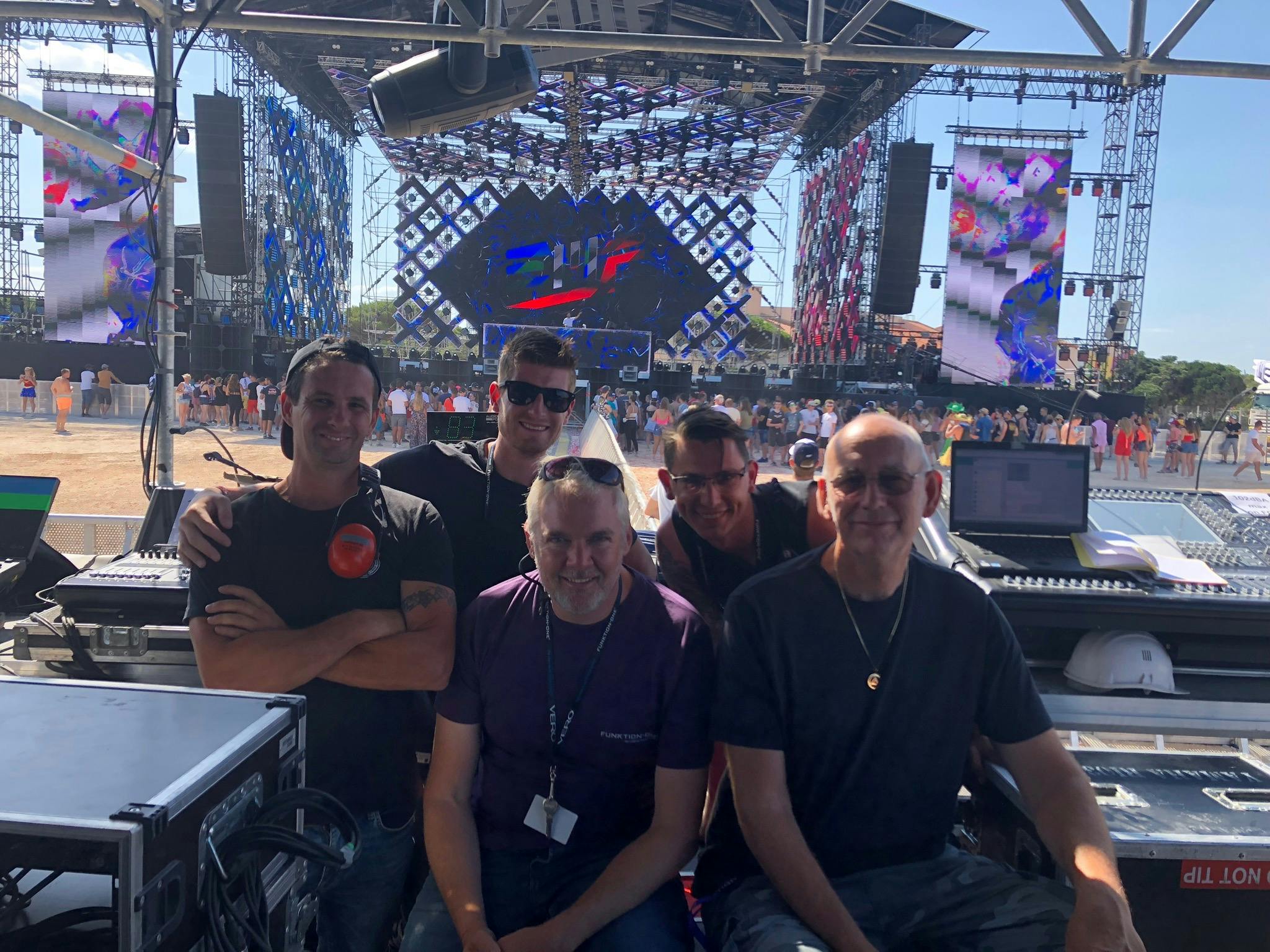 Concept Group's Steeve Thimpont (left), Think! AV's Niels de Feij and Yannick Hoogerwerf (back), Solution One's Chris Hawkes (front centre) and Funktion-One's John Newsham