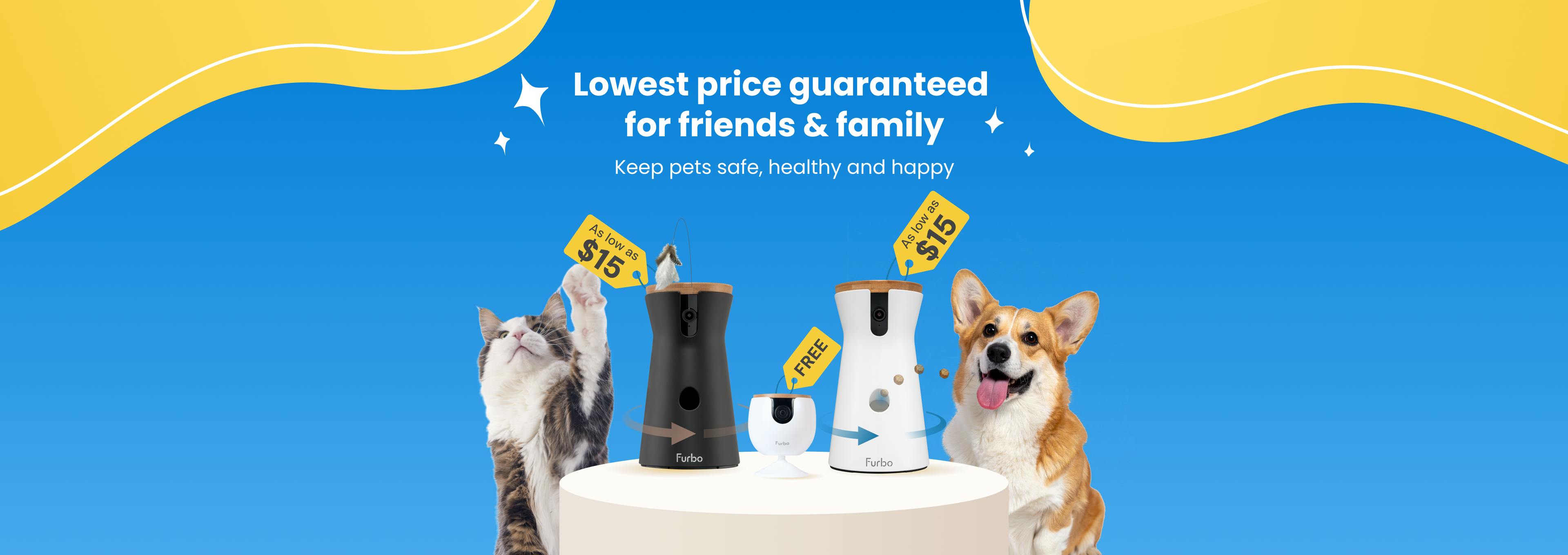 Cat and corgi on white furniture with three Furbo camera models
