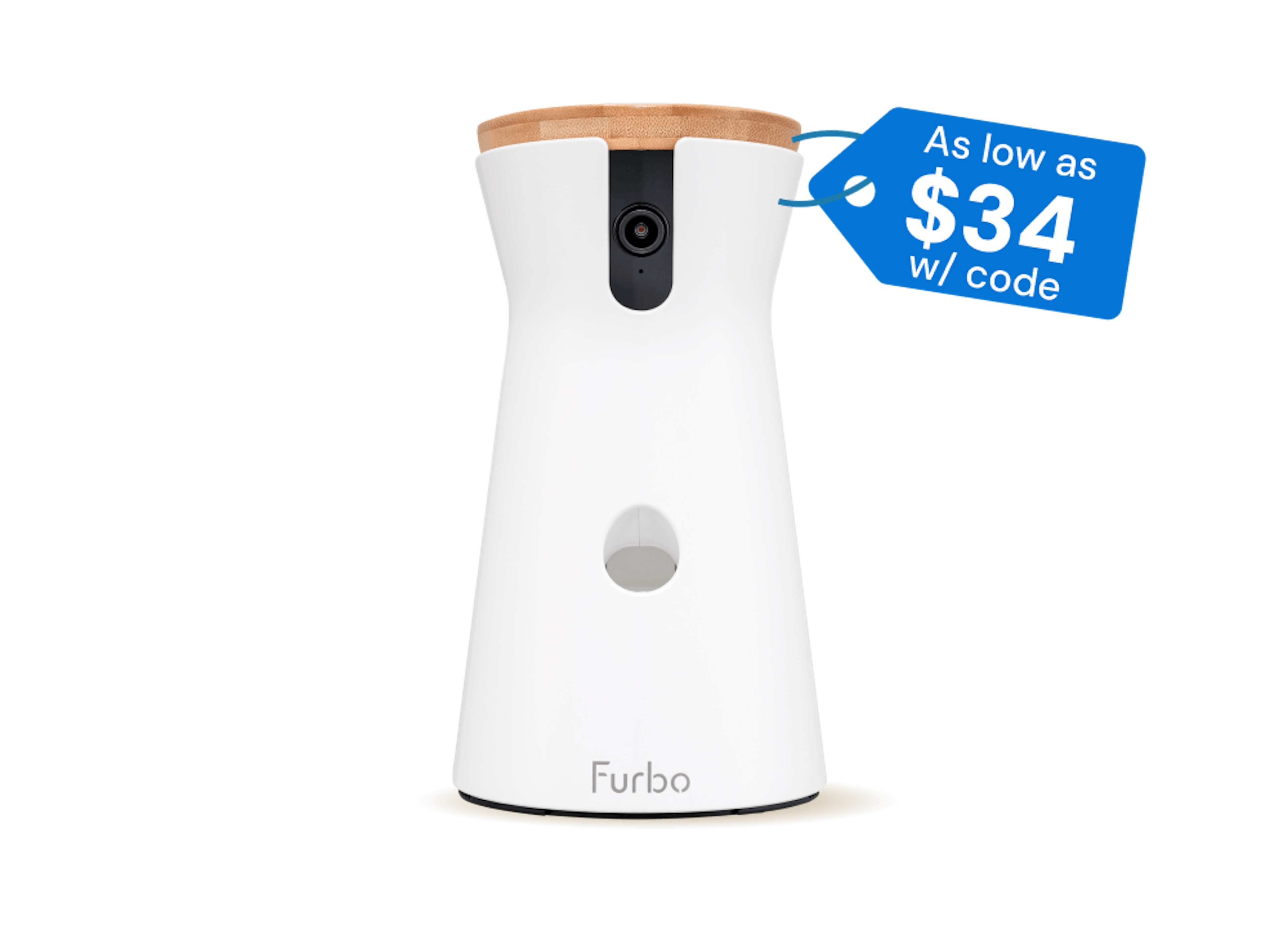Furbo 360° Dog Camera with a price tag saying "as low as $34 with code"