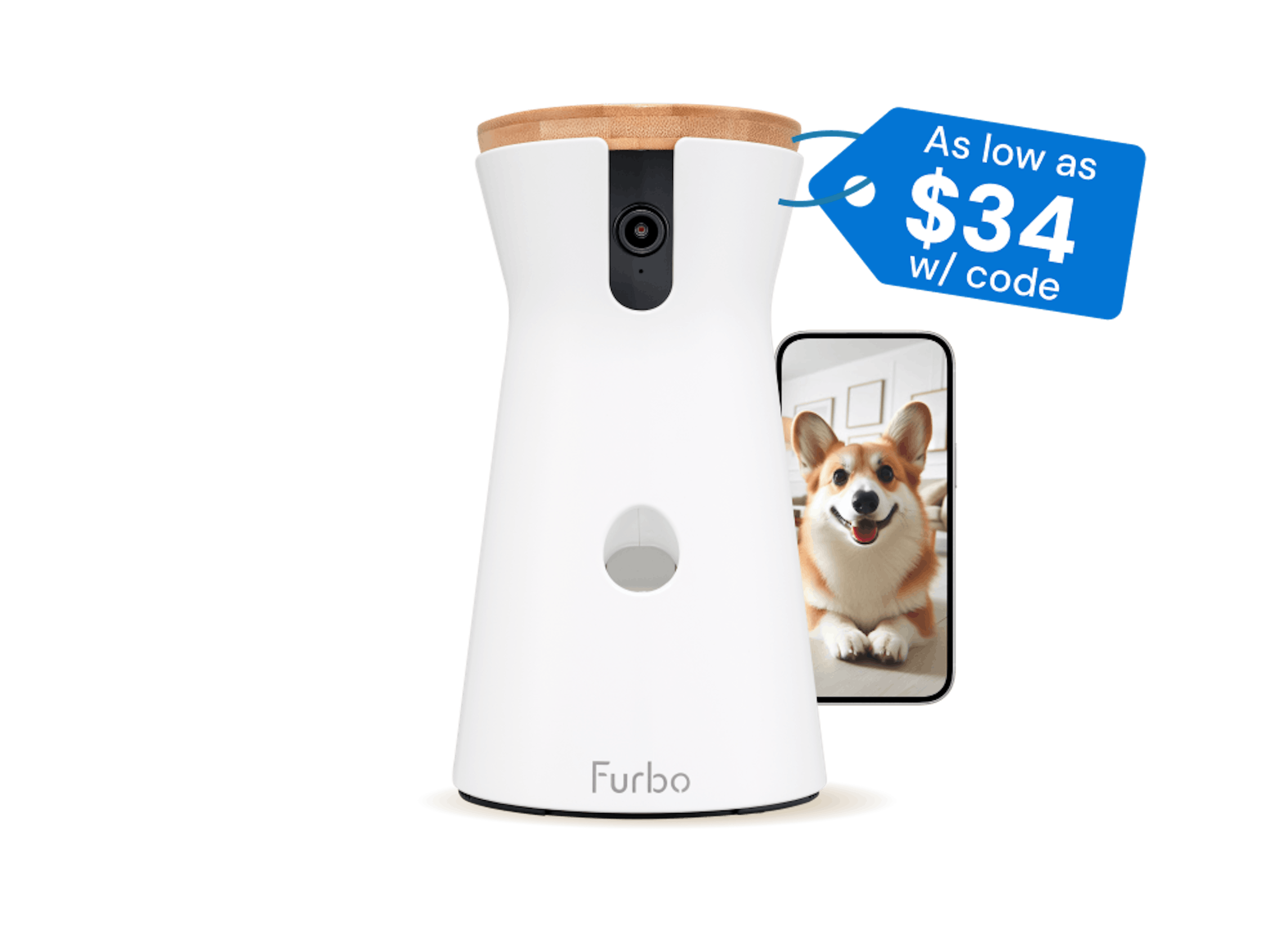 Furbo 360° Dog Camera with a phone beside it and a price tag saying "as low as $34 with code"