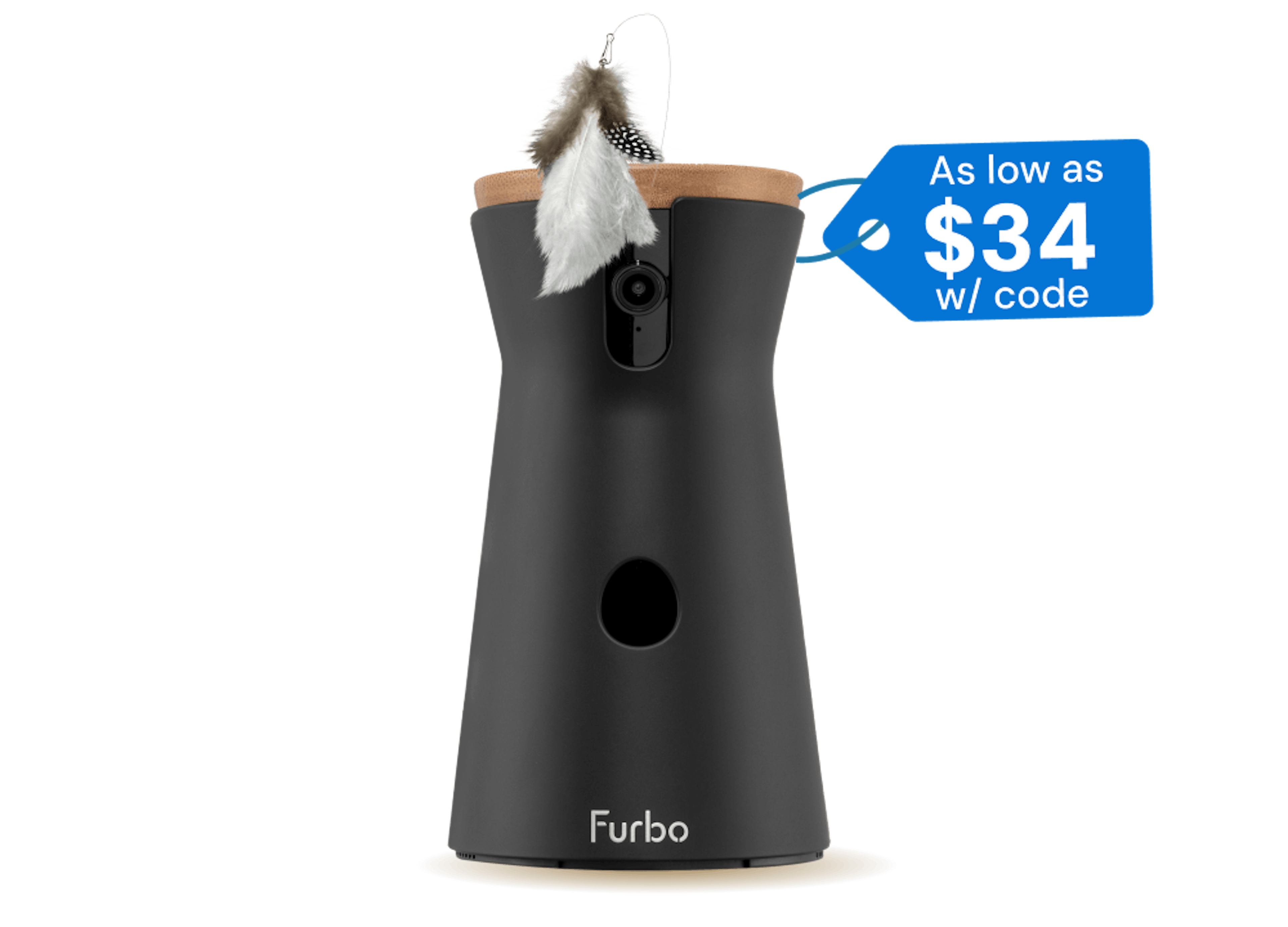 Furbo 360° Cat Camera with a price tag saying "as low as $34 with code"
