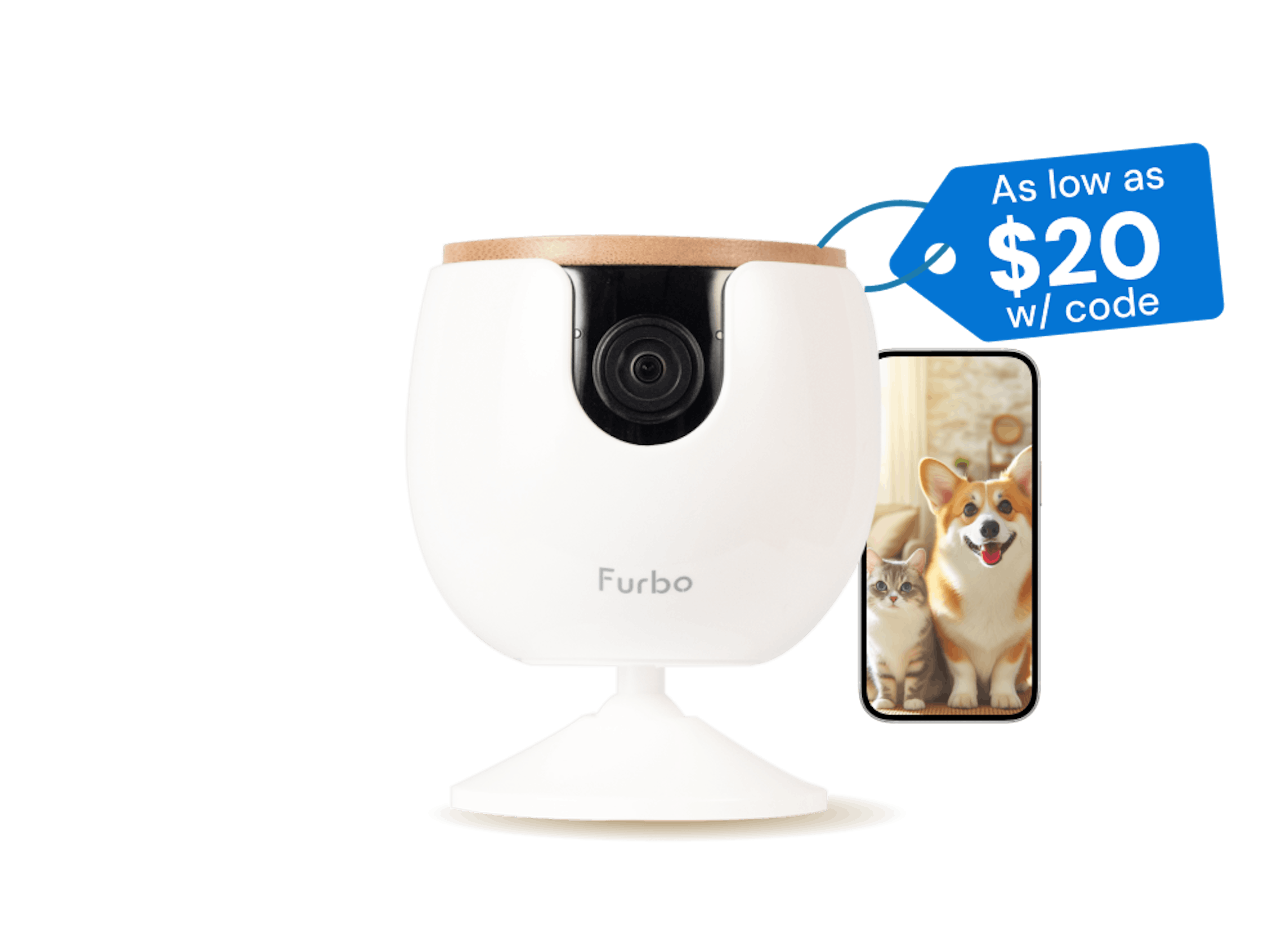 Furbo Mini with a phone beside it and a price tag saying "as low as $20 with code"