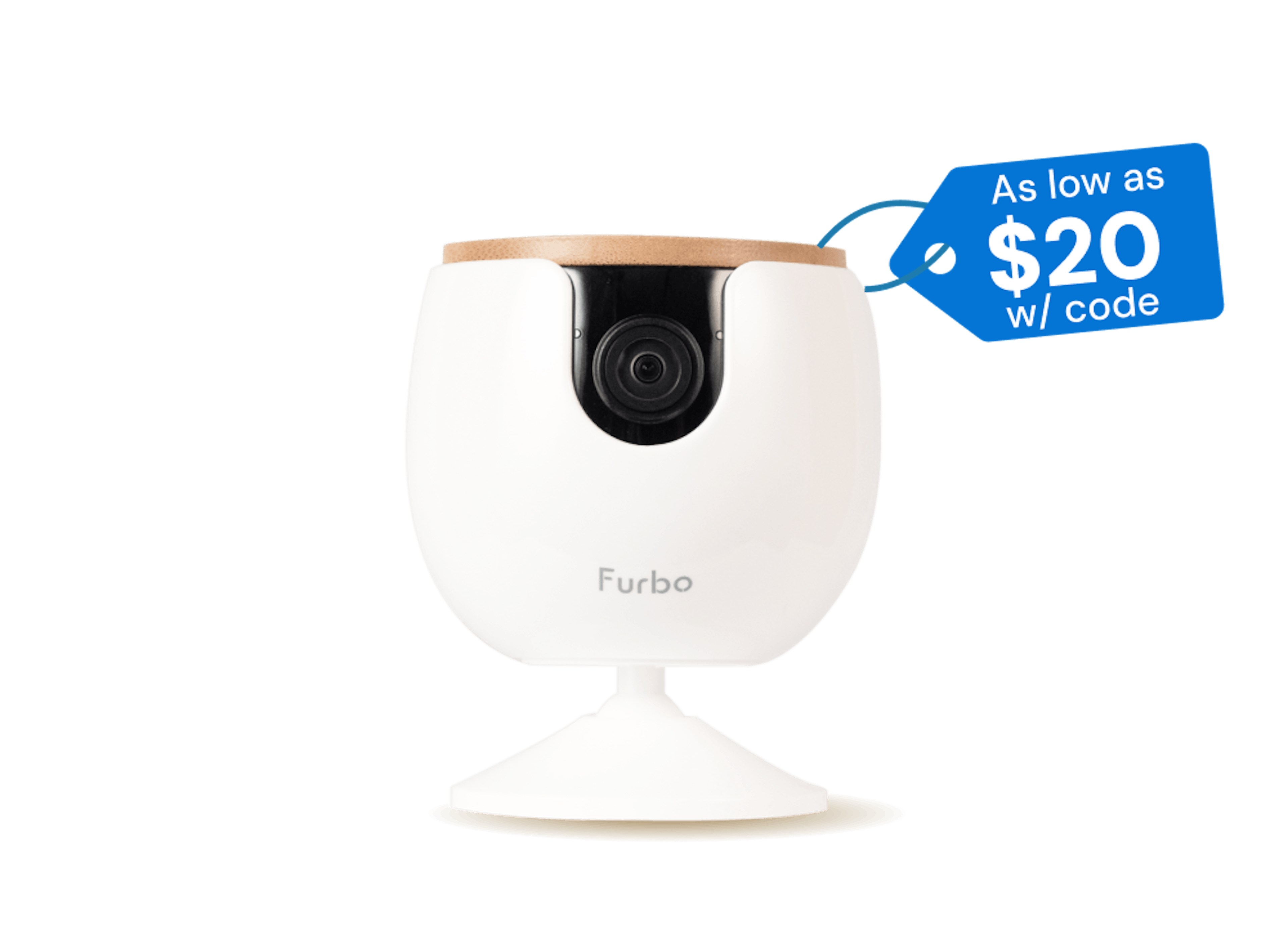 Furbo Mini with a price tag saying "as low as $20 with code"