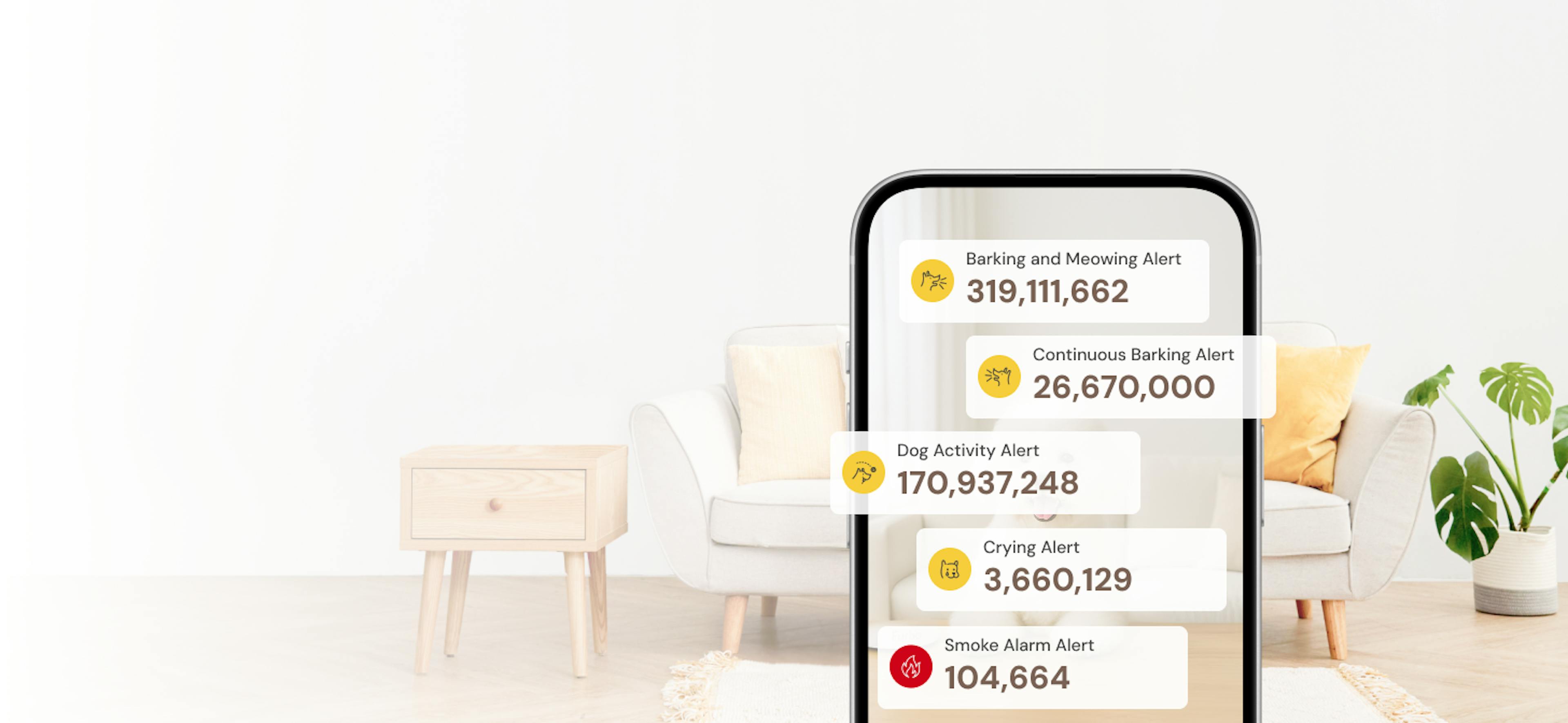 Phone screen showing Furbo alert statistics with millions of notifications sent