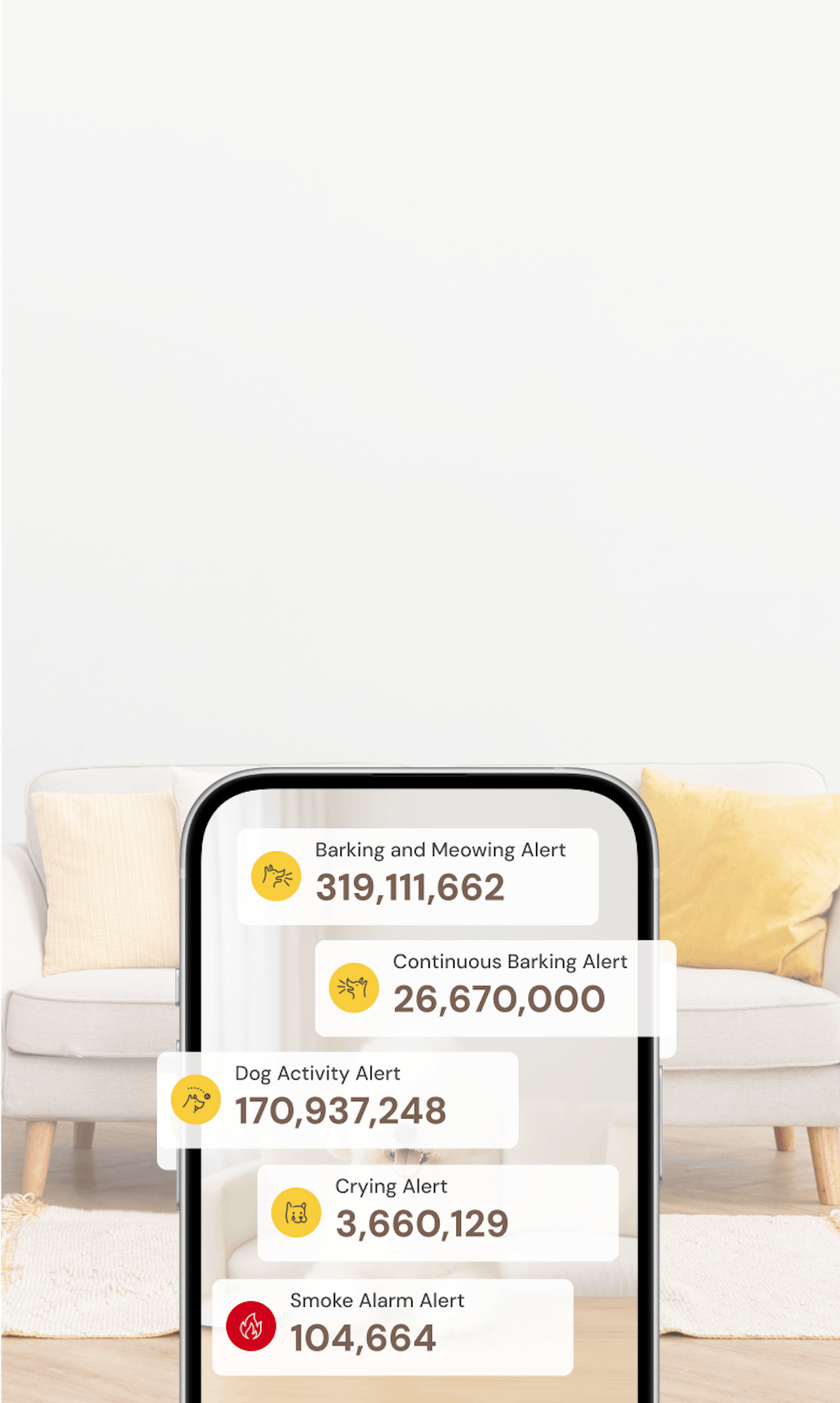 Phone screen showing Furbo alert statistics with millions of notifications sent