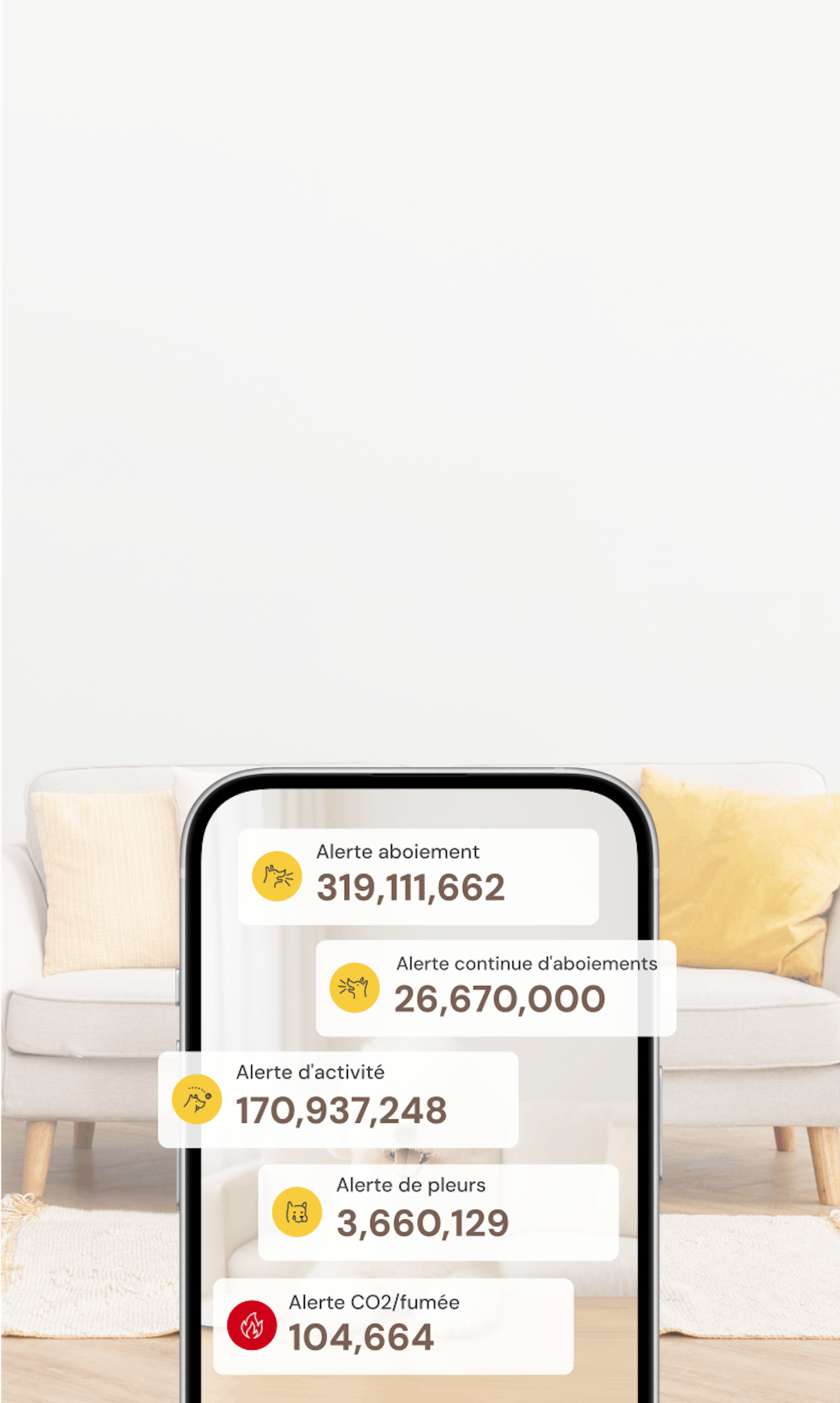 Écran de téléphone affichant les statistiques d'alerte Furbo avec des millions de notifications envoyées