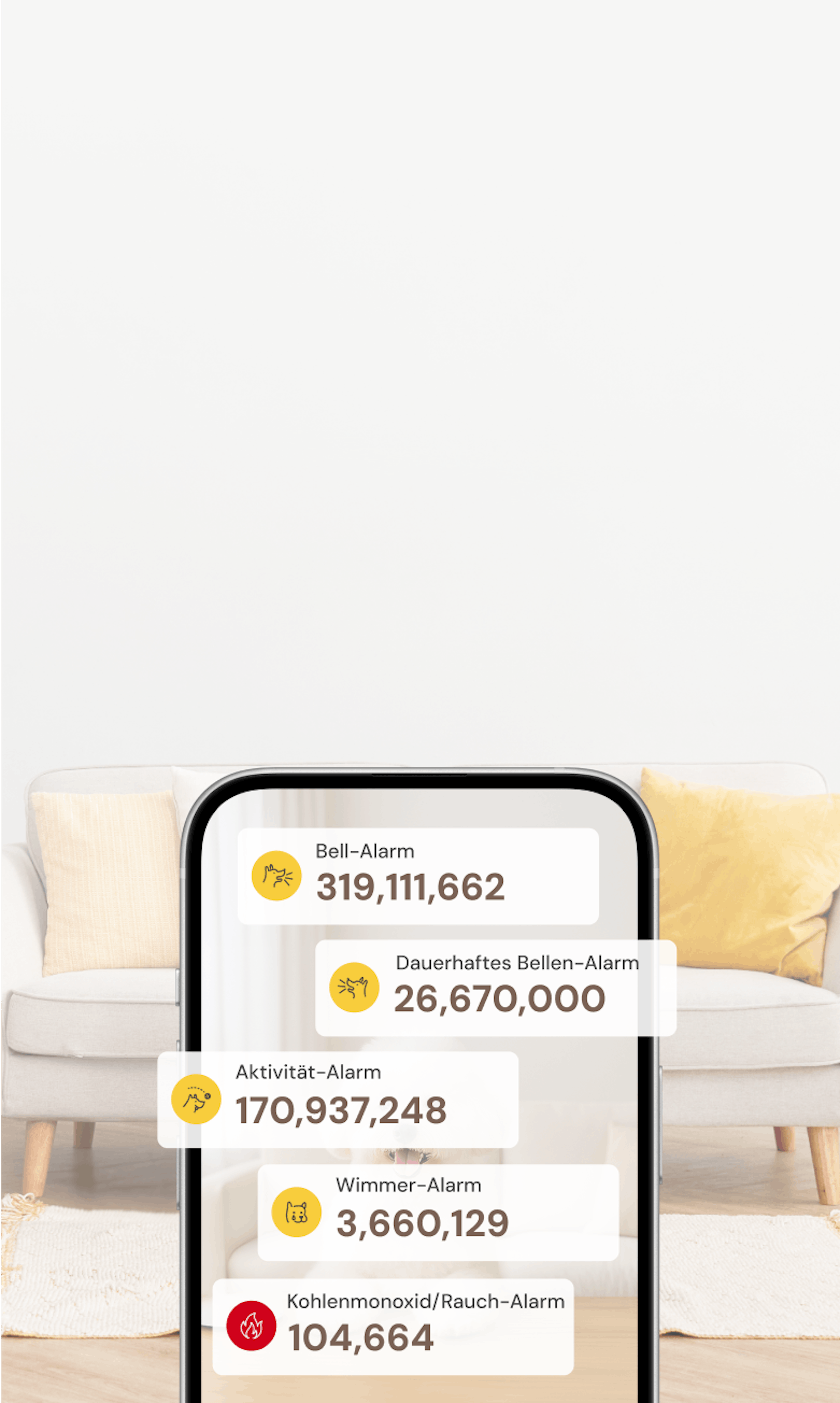 Handybildschirm mit Furbo-Alarmstatistik mit Millionen von gesendeten Benachrichtigungen